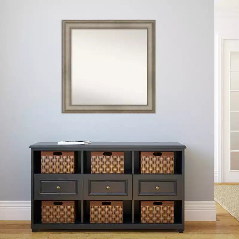 32" x 32" Non-Beveled Mezzanine Antique Silver Narrow Wood Wall Mirror - Amanti Art: Modern Square, Includes Mount Hardware