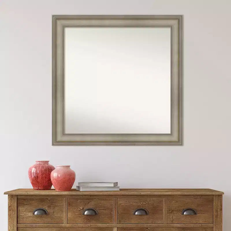 32" x 32" Non-Beveled Mezzanine Antique Silver Narrow Wood Wall Mirror - Amanti Art: Modern Square, Includes Mount Hardware