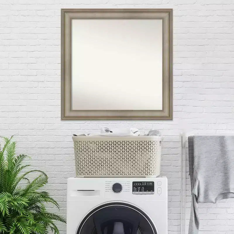 32" x 32" Non-Beveled Mezzanine Antique Silver Narrow Wood Wall Mirror - Amanti Art: Modern Square, Includes Mount Hardware