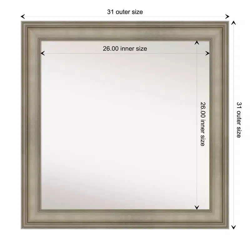 32" x 32" Non-Beveled Mezzanine Antique Silver Narrow Wood Wall Mirror - Amanti Art: Modern Square, Includes Mount Hardware