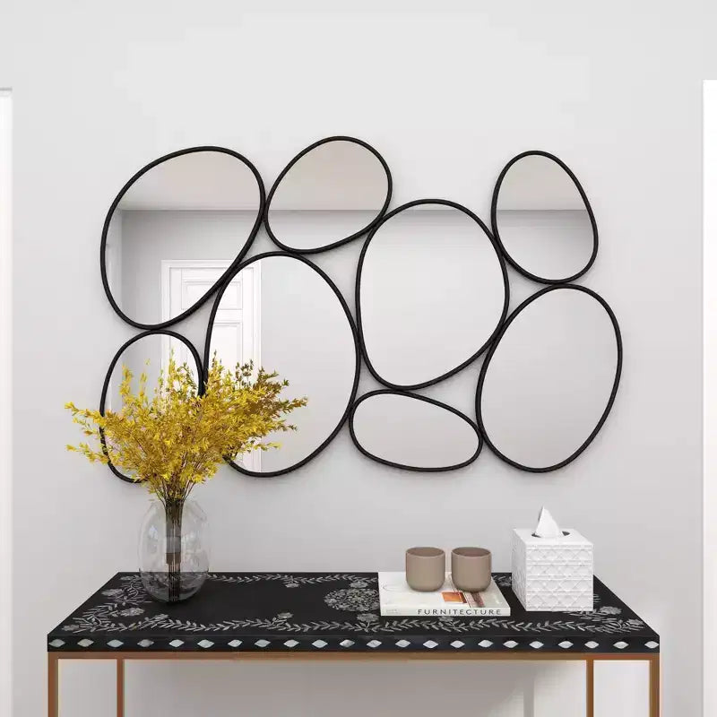 Specchio da Parete Ovale a Bolle Metalliche, Cornice in Ferro Nero, 54x35,25"