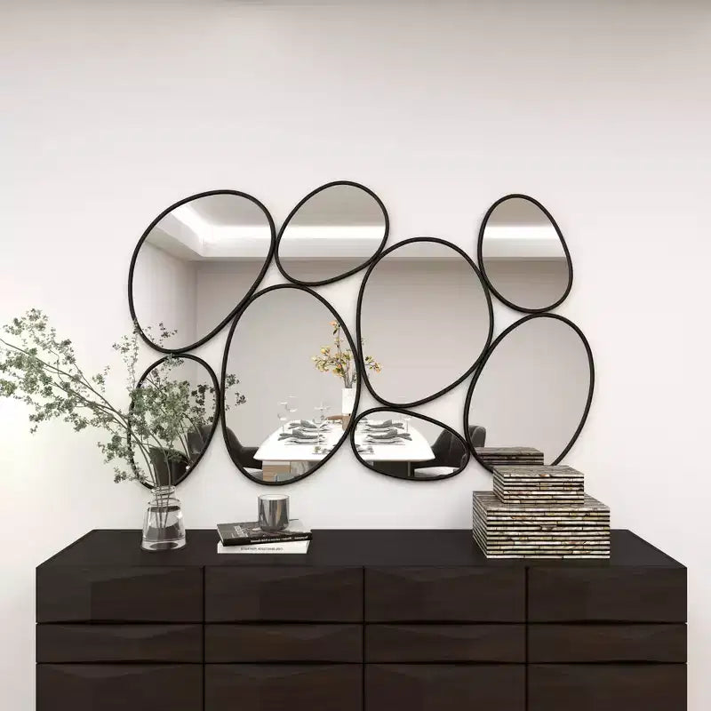 Specchio da Parete Ovale a Bolle Metalliche, Cornice in Ferro Nero, 54x35,25"