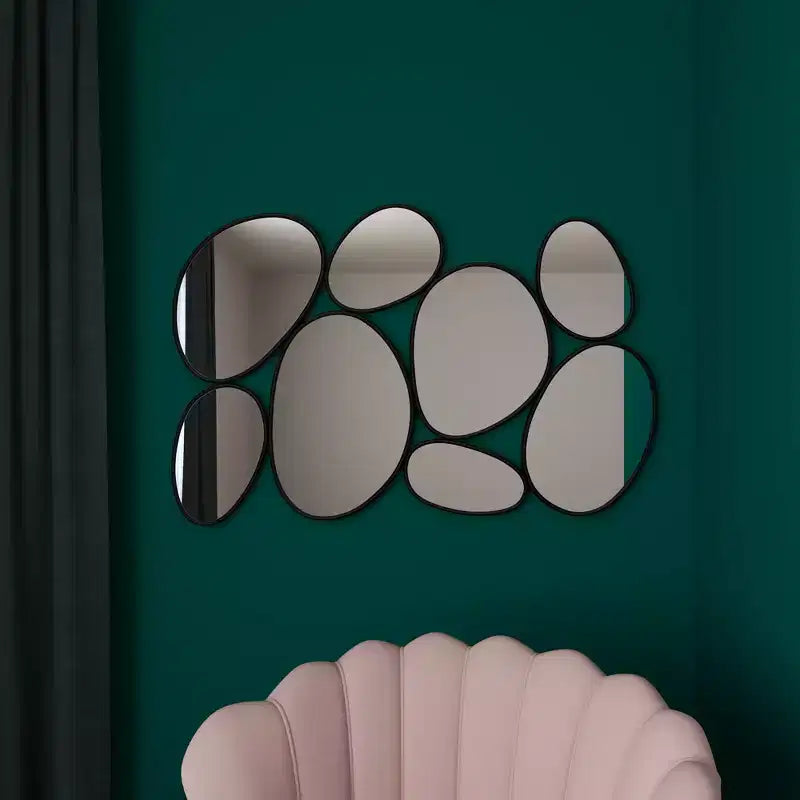 Specchio da Parete Ovale a Bolle Metalliche, Cornice in Ferro Nero, 54x35,25"