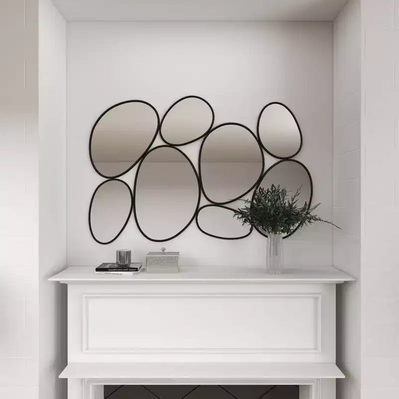 Specchio da Parete Ovale a Bolle Metalliche, Cornice in Ferro Nero, 54x35,25"