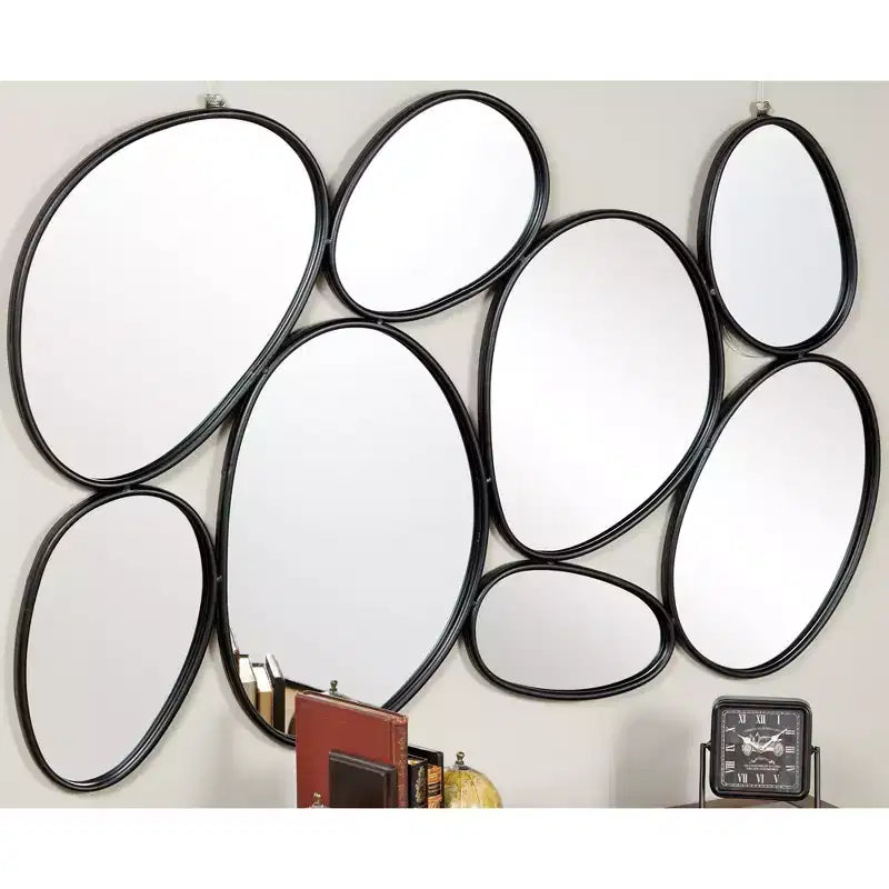 Specchio da Parete Ovale a Bolle Metalliche, Cornice in Ferro Nero, 54x35,25"