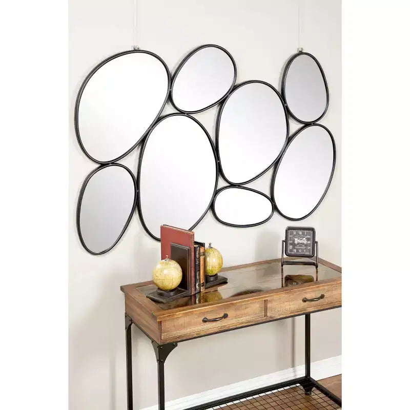 Specchio da Parete Ovale a Bolle Metalliche, Cornice in Ferro Nero, 54x35,25"