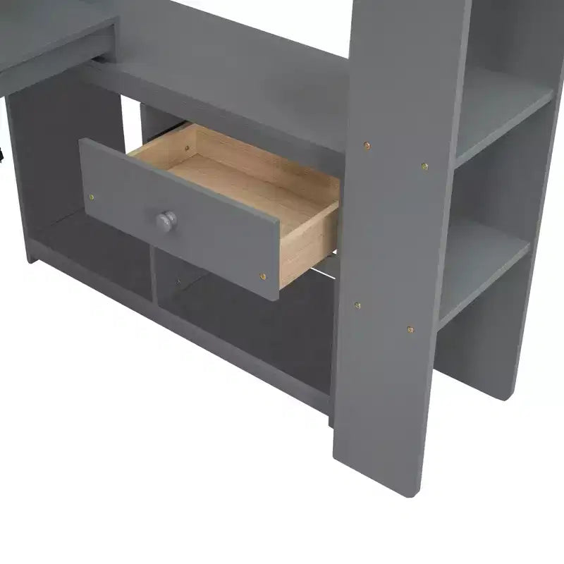 Whisen 87.1''L x 49.4''W Wood Gaming Loft Bed with Desk, Multi-storage Shelves, LED and Charging Station