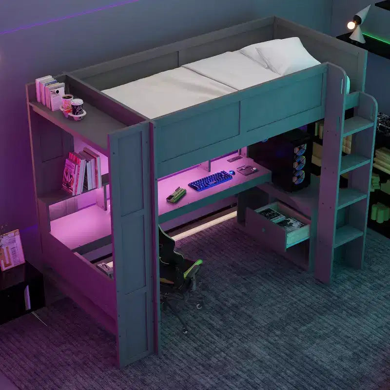 Whisen 87.1''L x 49.4''W Wood Gaming Loft Bed with Desk, Multi-storage Shelves, LED and Charging Station