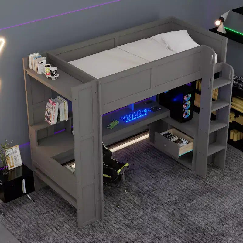 Whisen 87.1''L x 49.4''W Wood Gaming Loft Bed with Desk, Multi-storage Shelves, LED and Charging Station