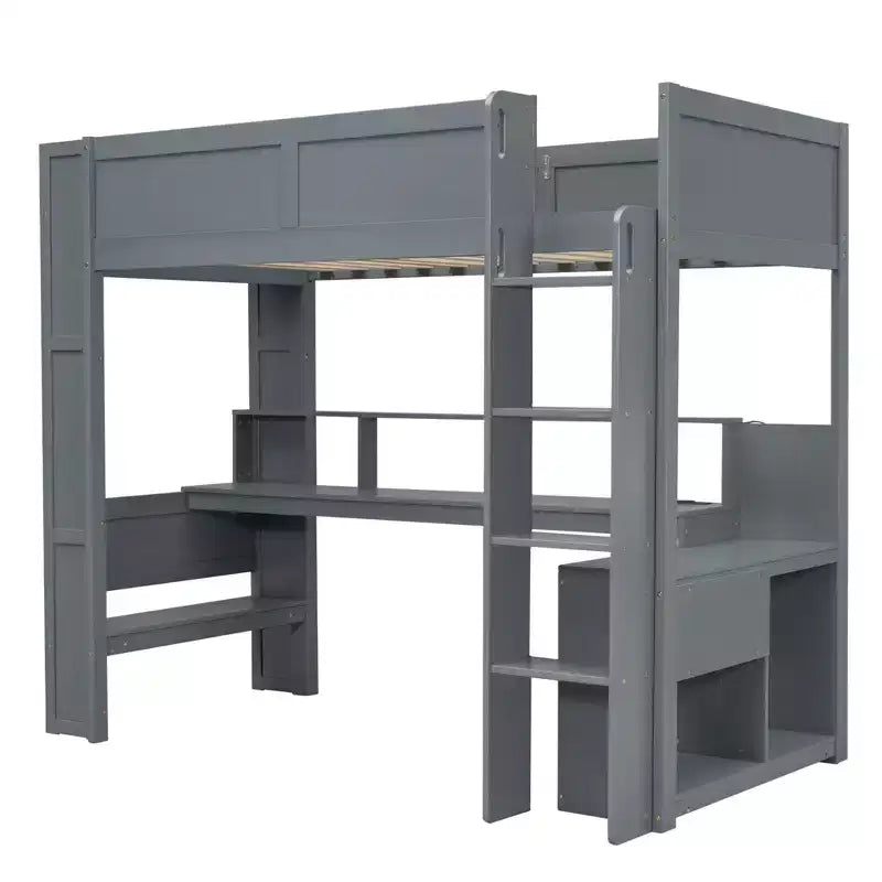 Whisen 87.1''L x 49.4''W Wood Gaming Loft Bed with Desk, Multi-storage Shelves, LED and Charging Station