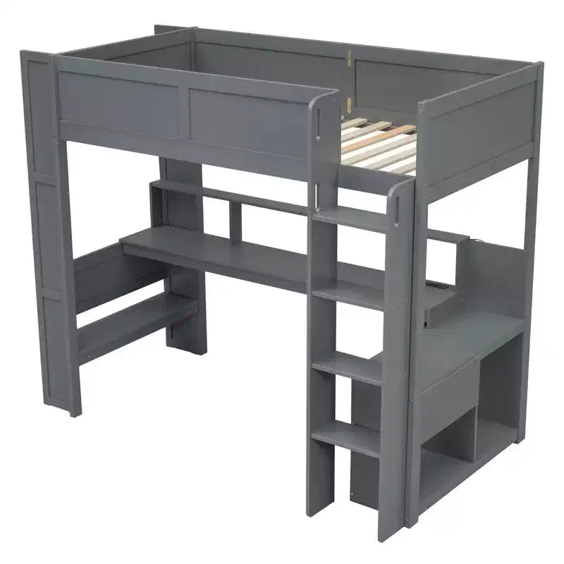 Whisen 87.1''L x 49.4''W Wood Gaming Loft Bed with Desk, Multi-storage Shelves, LED and Charging Station