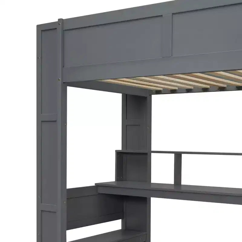 Whisen 87.1''L x 49.4''W Wood Gaming Loft Bed with Desk, Multi-storage Shelves, LED and Charging Station