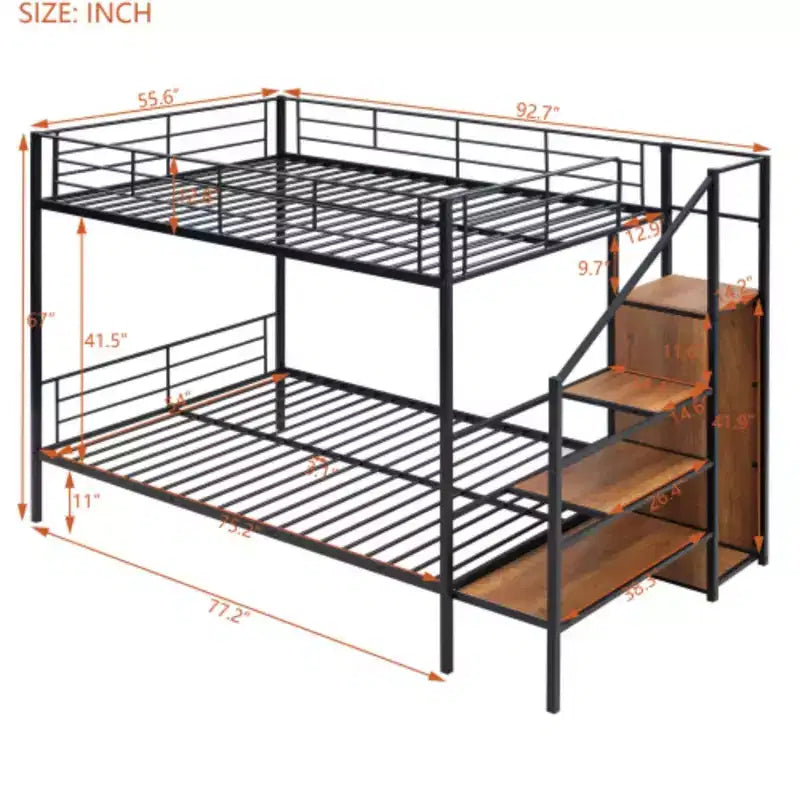 Lit superposé en métal double sur double avec échelle de rangement latérale et armoire, noir
