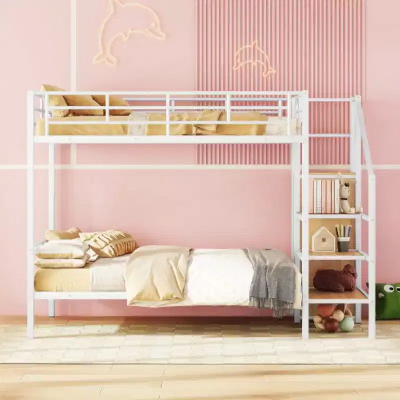 Full Over Full Metal Bunk Bed with Lateral Storage Ladder and Wardrobe, Black