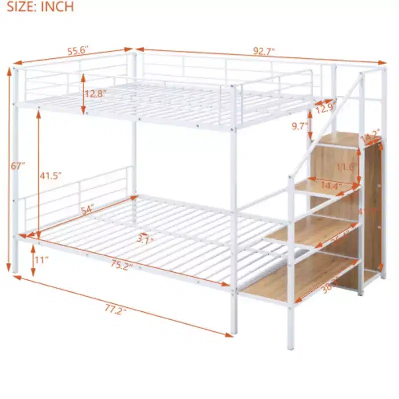 Full Over Full Metal Bunk Bed with Lateral Storage Ladder and Wardrobe, Black