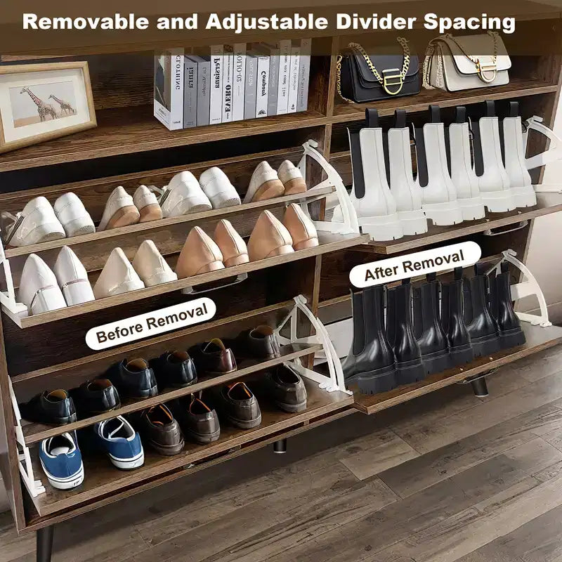 Shoe Storage, Freestanding Shoe Cabinet Storage with 4 Flip Drawers and Barn Door Design, Slim Narrow Shoe Rack Dresser, for Entryway, Foyer, Hallway