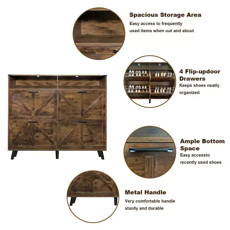Shoe Storage, Freestanding Shoe Cabinet Storage with 4 Flip Drawers and Barn Door Design, Slim Narrow Shoe Rack Dresser, for Entryway, Foyer, Hallway