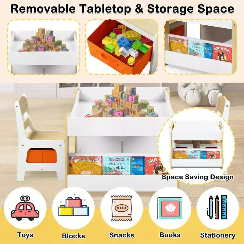 Kinder King Ensemble table et 2 chaises 3-en-1 pour enfants avec rangement, plateau amovible et tableau noir, pour l'art, l'artisanat et la lecture