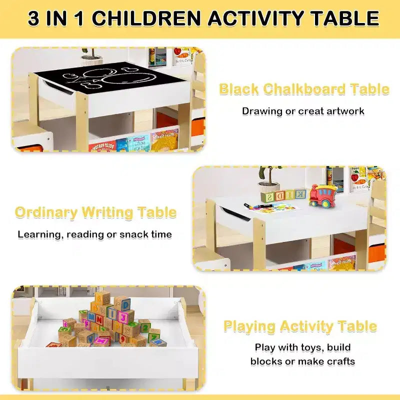 Kinder King Ensemble table et 2 chaises 3-en-1 pour enfants avec rangement, plateau amovible et tableau noir, pour l'art, l'artisanat et la lecture