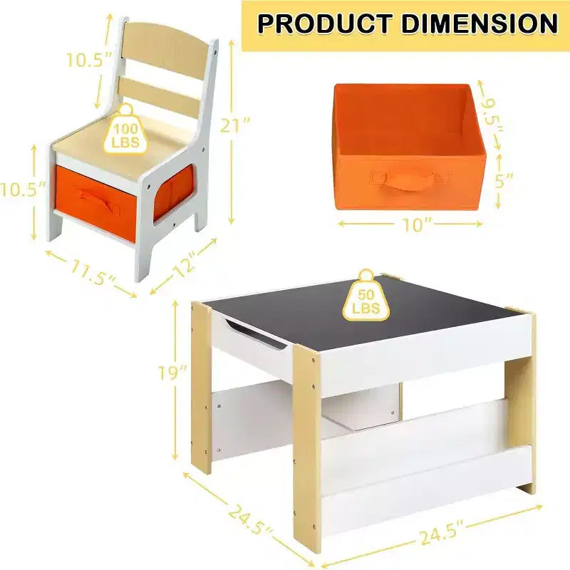Kinder King Ensemble table et 2 chaises 3-en-1 pour enfants avec rangement, plateau amovible et tableau noir, pour l'art, l'artisanat et la lecture