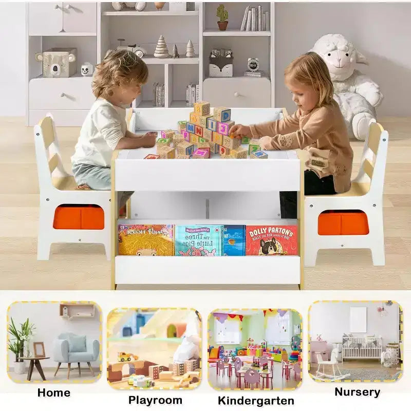 Kinder King Ensemble table et 2 chaises 3-en-1 pour enfants avec rangement, plateau amovible et tableau noir, pour l'art, l'artisanat et la lecture