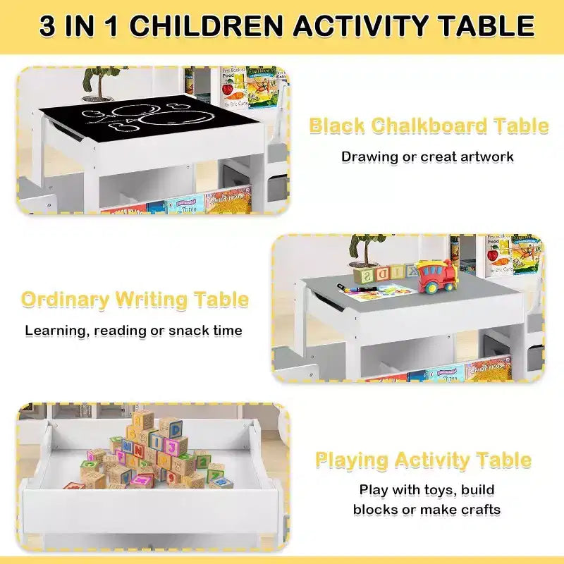Kinder King Ensemble table et 2 chaises 3-en-1 pour enfants avec rangement, plateau amovible et tableau noir, pour l'art, l'artisanat et la lecture
