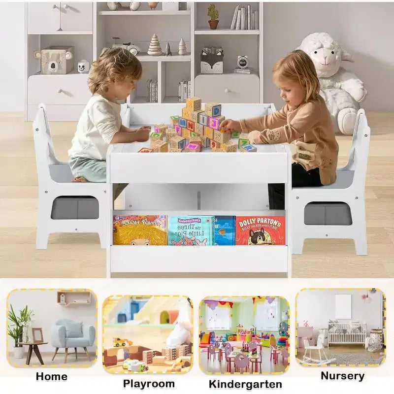 Kinder King Ensemble table et 2 chaises 3-en-1 pour enfants avec rangement, plateau amovible et tableau noir, pour l'art, l'artisanat et la lecture