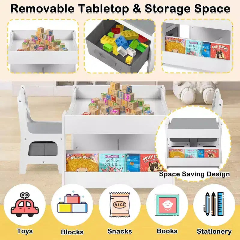 Kinder King Ensemble table et 2 chaises 3-en-1 pour enfants avec rangement, plateau amovible et tableau noir, pour l'art, l'artisanat et la lecture