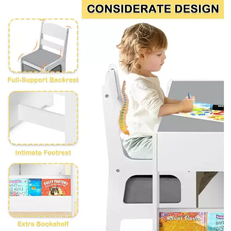 Kinder King Ensemble table et 2 chaises 3-en-1 pour enfants avec rangement, plateau amovible et tableau noir, pour l'art, l'artisanat et la lecture