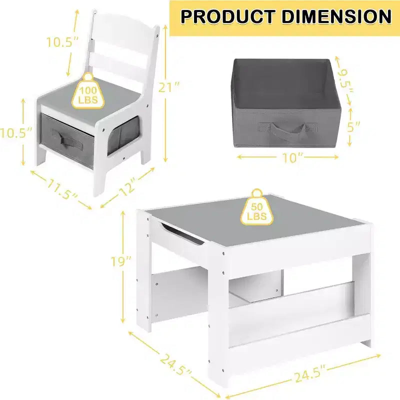Kinder King Ensemble table et 2 chaises 3-en-1 pour enfants avec rangement, plateau amovible et tableau noir, pour l'art, l'artisanat et la lecture