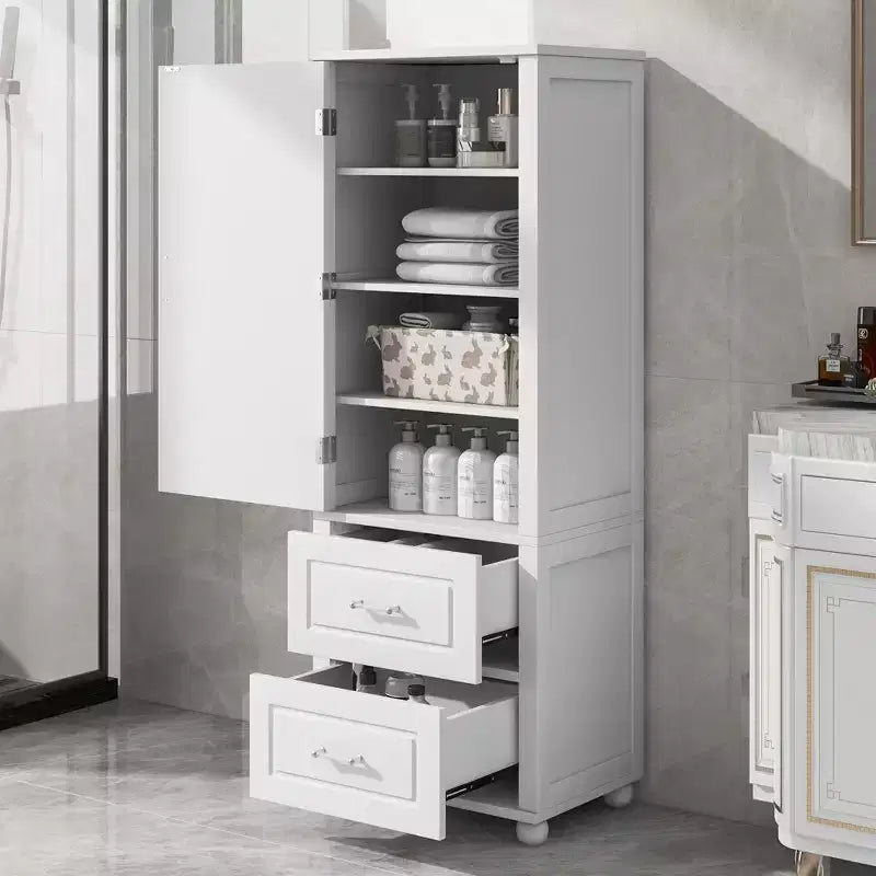 Whisen Tall Bathroom Storage Cabinet, Freestanding Storage Cabinet with Two Drawers and Adjustable Shelf