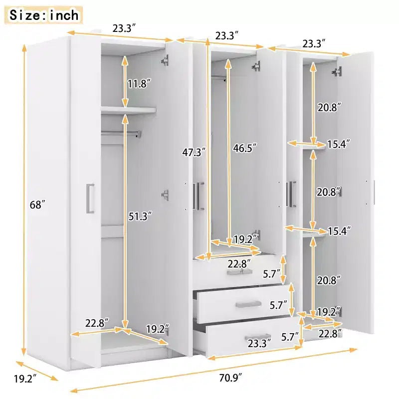 Whisen 6-Doors Wooden Wardrobe Storage for Bedroom, with Big Drawers