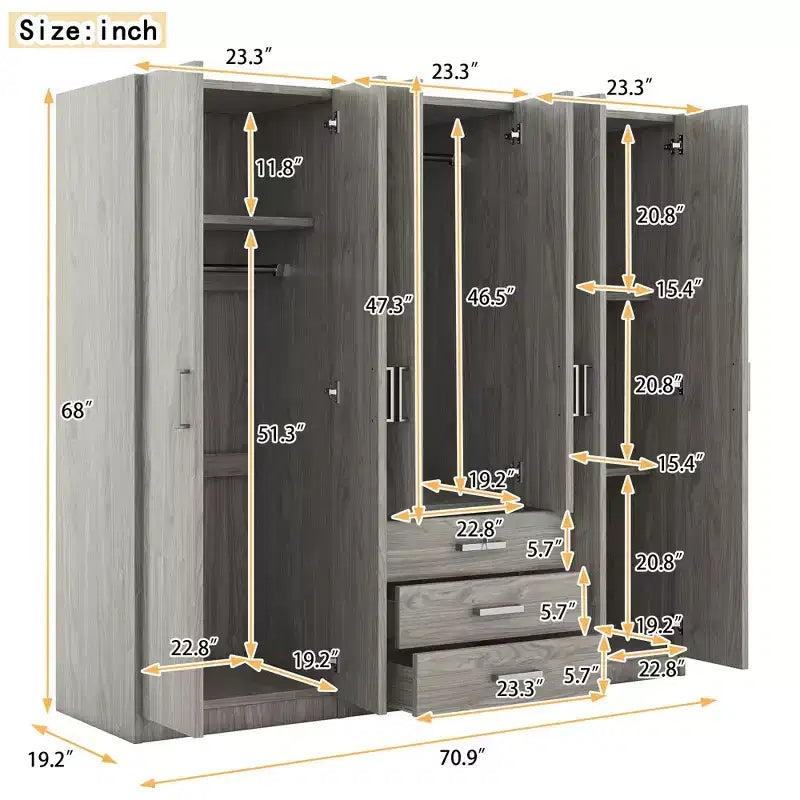 Whisen 6-Doors Wooden Wardrobe Storage for Bedroom, with Big Drawers