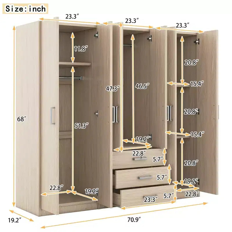 Whisen 6-Doors Wooden Wardrobe Storage for Bedroom, with Big Drawers