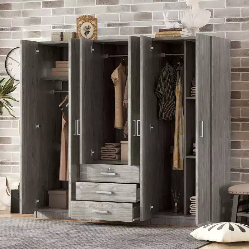 Whisen 6-Doors Wooden Wardrobe Storage for Bedroom, with Big Drawers