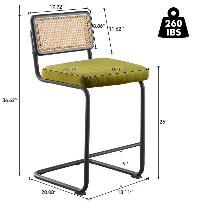 Tabourets de bar hauteur comptoir Bekrvio 26 - Rotin, velours avec dossier en cannage et cadre en métal, tabourets de cuisine modernes du milieu du siècle pour îlot de cuisine