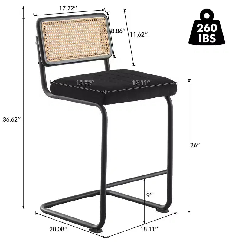 Bekrvio 26 Counter Height Bar Stools - Rattan, Velvet Upholstered with Cane Back & Metal Frame, Mid Century Modern Kitchen Stools for Counter Island