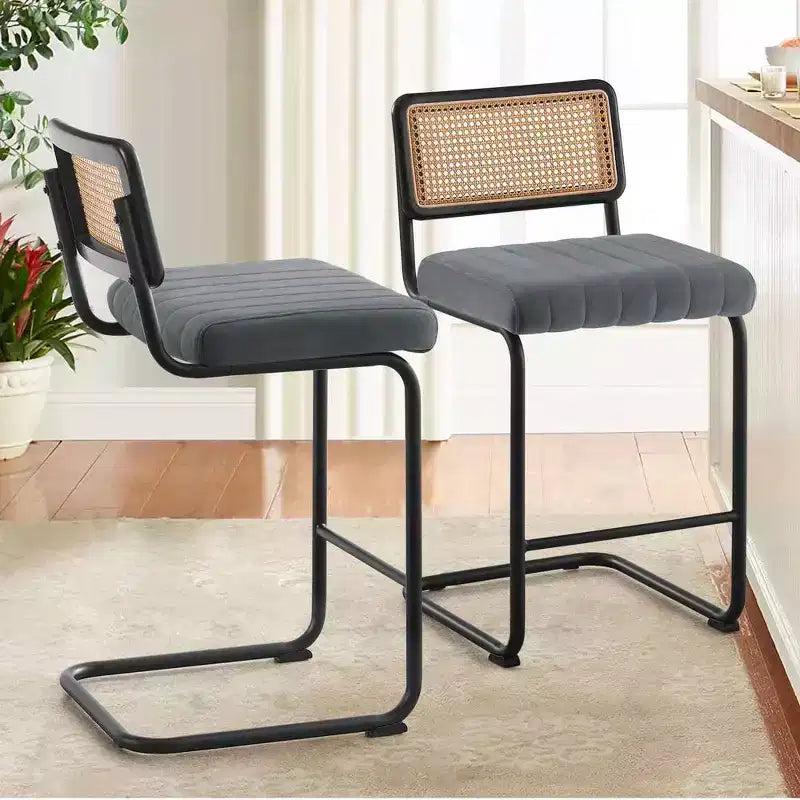 Bekrvio 26 Counter Height Bar Stools - Rattan, Velvet Upholstered with Cane Back & Metal Frame, Mid Century Modern Kitchen Stools for Counter Island