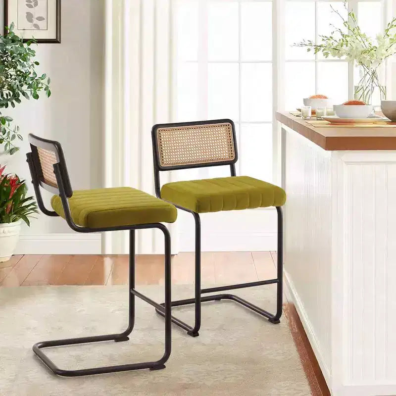 Bekrvio 26 Counter Height Bar Stools - Rattan, Velvet Upholstered with Cane Back & Metal Frame, Mid Century Modern Kitchen Stools for Counter Island