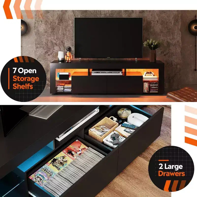 GALAXHERO 63 in TV Stand for 55/60/65/70 Inch TVs, Modern Entertainment Center with Open Shelves, Wood TV Console with 2 Storage Drawers, Black