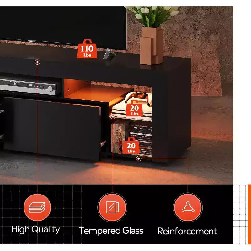 GALAXHERO 63 in TV Stand for 55/60/65/70 Inch TVs, Modern Entertainment Center with Open Shelves, Wood TV Console with 2 Storage Drawers, Black