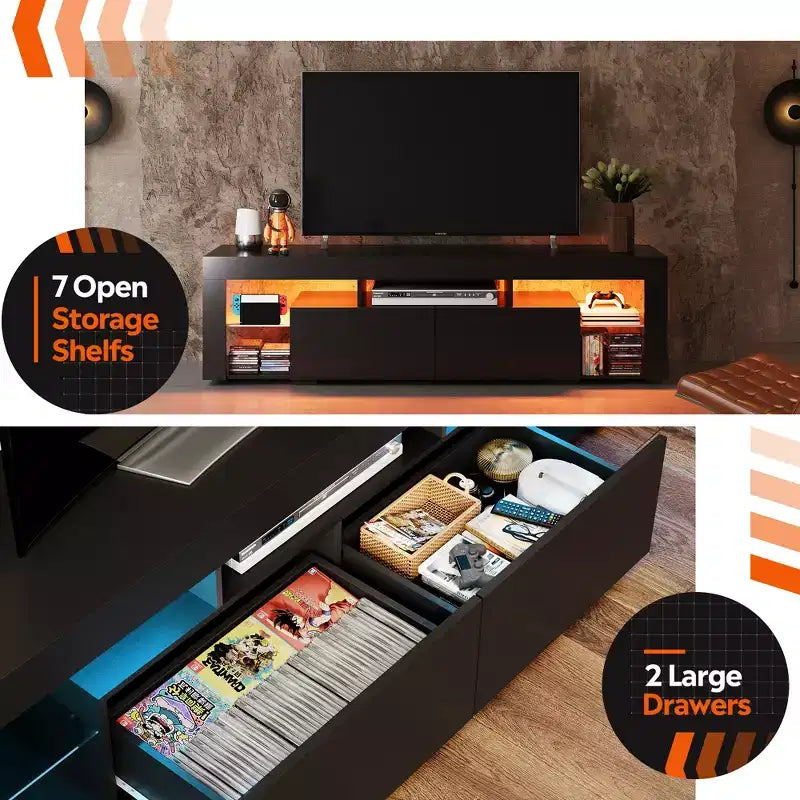 GALAXHERO 63 in TV Stand for 55/60/65/70 Inch TVs, Modern Entertainment Center with Open Shelves, Wood TV Console with 2 Storage Drawers, Black