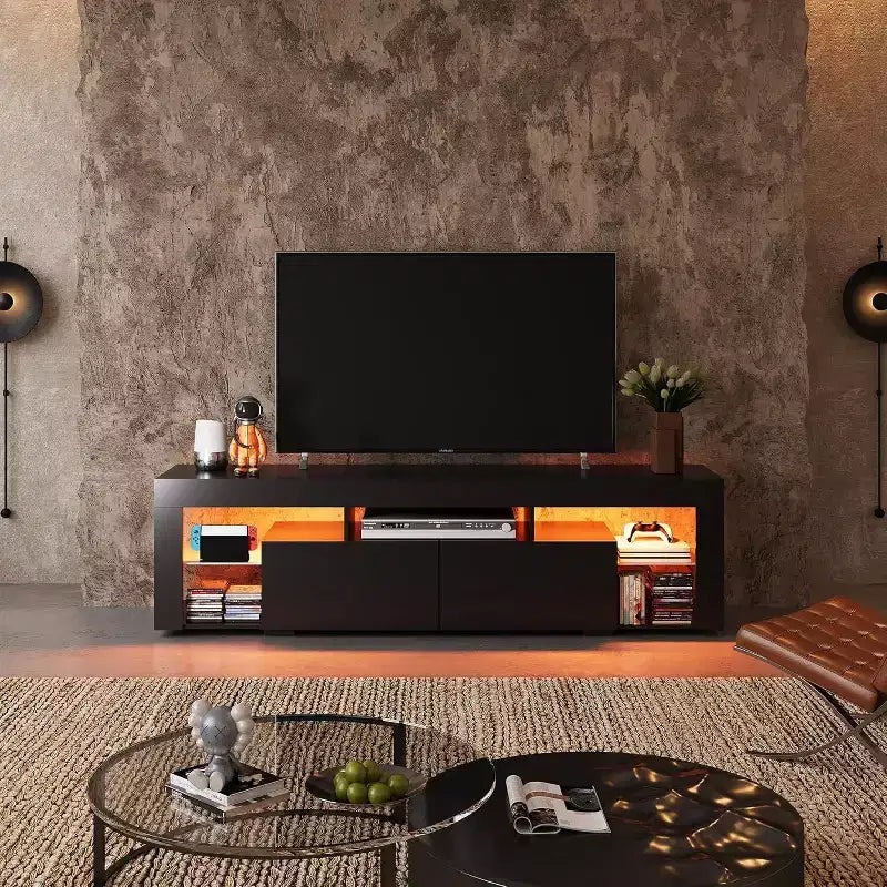 GALAXHERO 63 in TV Stand for 55/60/65/70 Inch TVs, Modern Entertainment Center with Open Shelves, Wood TV Console with 2 Storage Drawers, Black