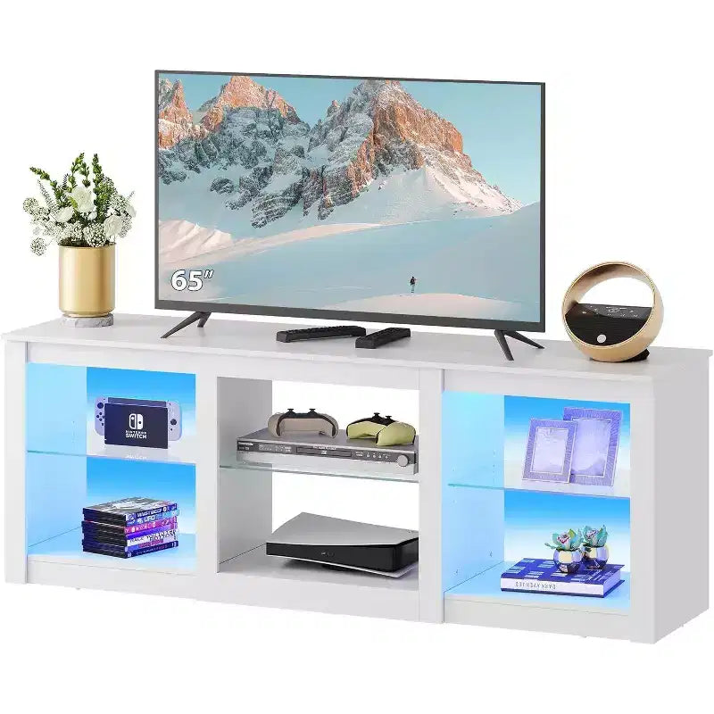 GALAXHERO TV Stand with LED Lights for TVs up to 65 inch, Entertainment Center with Glass Shelves, Modern TV Console for Living Room, White