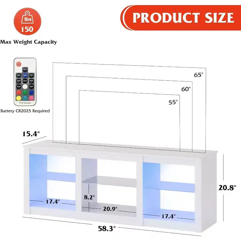 GALAXHERO TV Stand with LED Lights for TVs up to 65 inch, Entertainment Center with Glass Shelves, Modern TV Console for Living Room, White