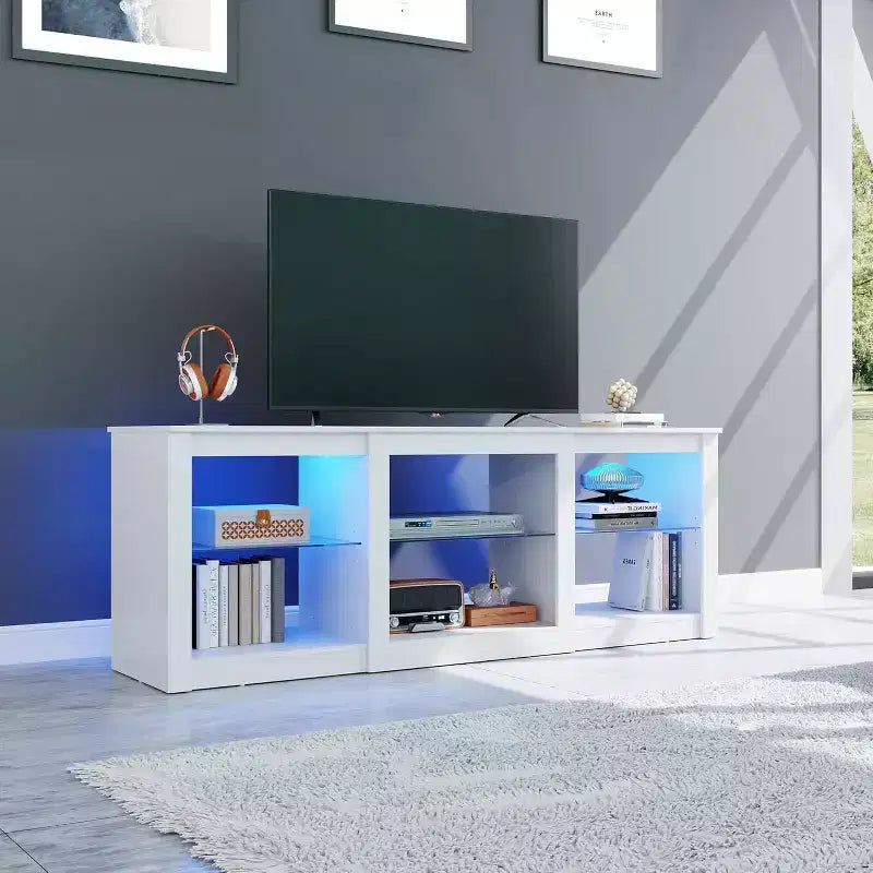 GALAXHERO TV Stand with LED Lights for TVs up to 65 inch, Entertainment Center with Glass Shelves, Modern TV Console for Living Room, White