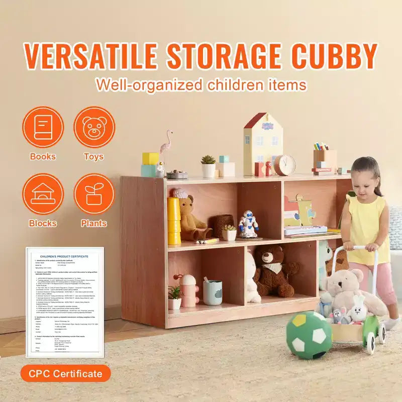 VEVOR Cubby Mobile Tray Storage Cabinet, 5-Compartment Cubby Storage Shelf, Cubby Storage Cabinet 2-shelf, Classroom Cubbies, Natural