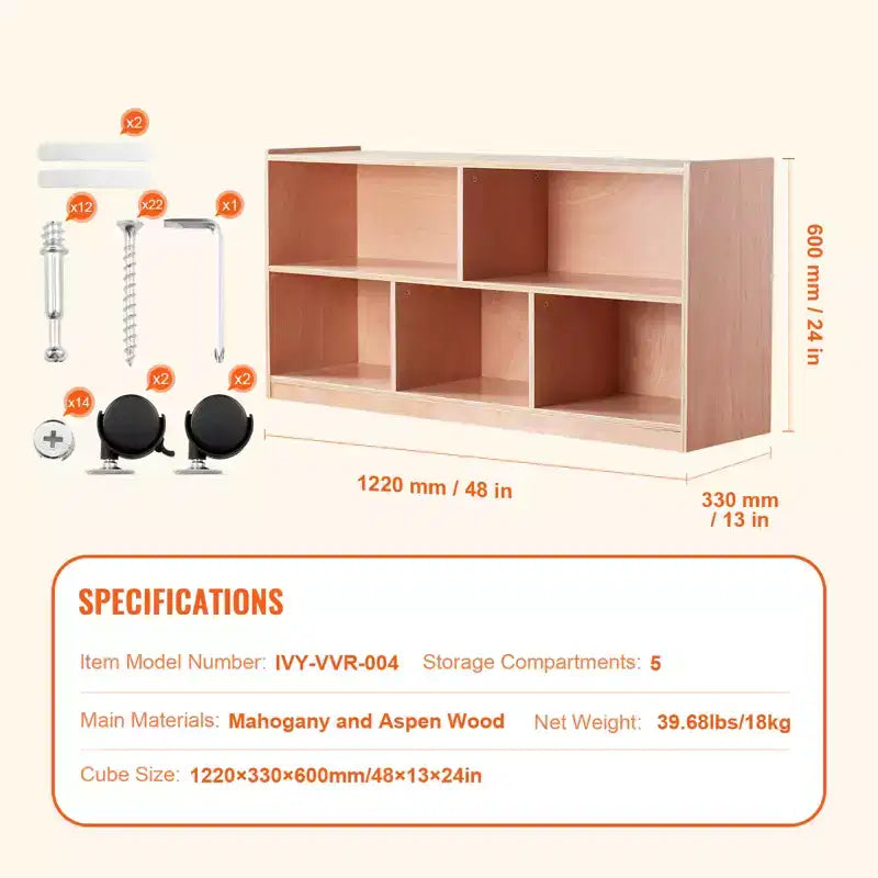 VEVOR Cubby Mobile Tray Storage Cabinet, 5-Compartment Cubby Storage Shelf, Cubby Storage Cabinet 2-shelf, Classroom Cubbies, Natural