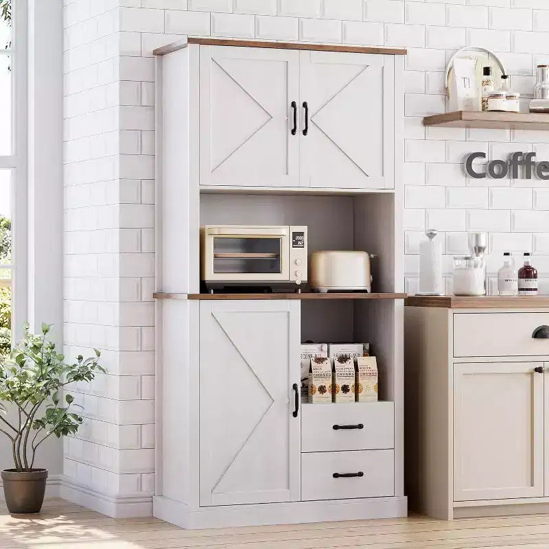 Stylish Kitchen Pantry Cabinet with Microwave Stand, Tall Hutch with Drawers & Shelves, Perfect Storage Solution for Dining and Living Rooms