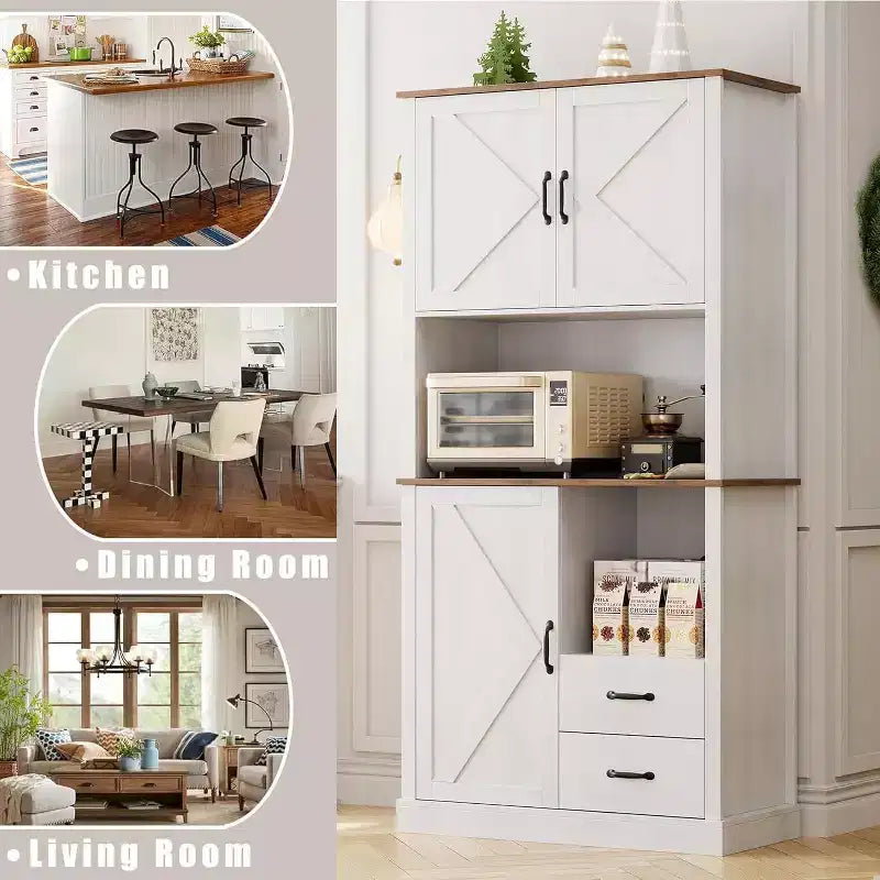Stylish Kitchen Pantry Cabinet with Microwave Stand, Tall Hutch with Drawers & Shelves, Perfect Storage Solution for Dining and Living Rooms